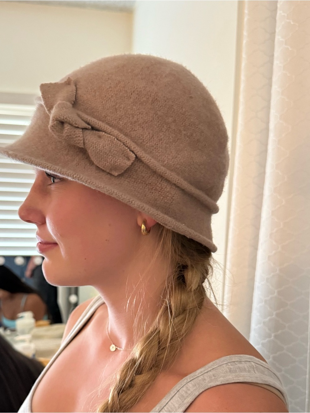 Galleries Lafayette Paris 100% wool Tan Hat with Bow Accent